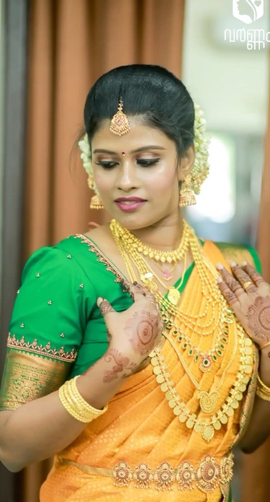 Varnam Gold & Green Saree Look — Bridal work by Varnam Makeover Studio